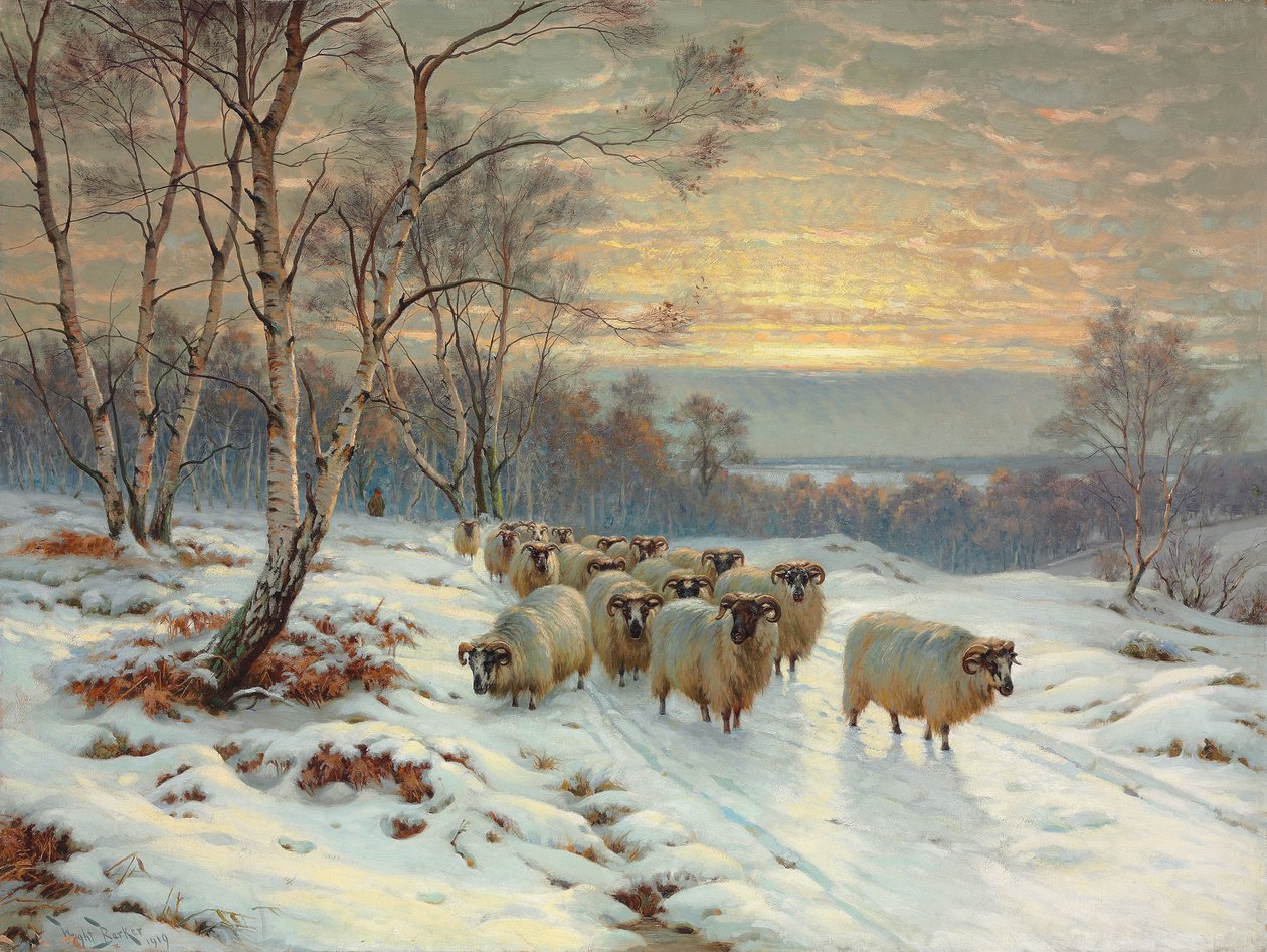 Egy pásztor a nyájával a téli tájon alkotó: Wright Barker