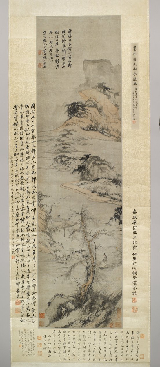 Egy öreg patak mellett sétál, távoli hegyekkel, 1706 (tinta és színes papíron) alkotó: Wu Li