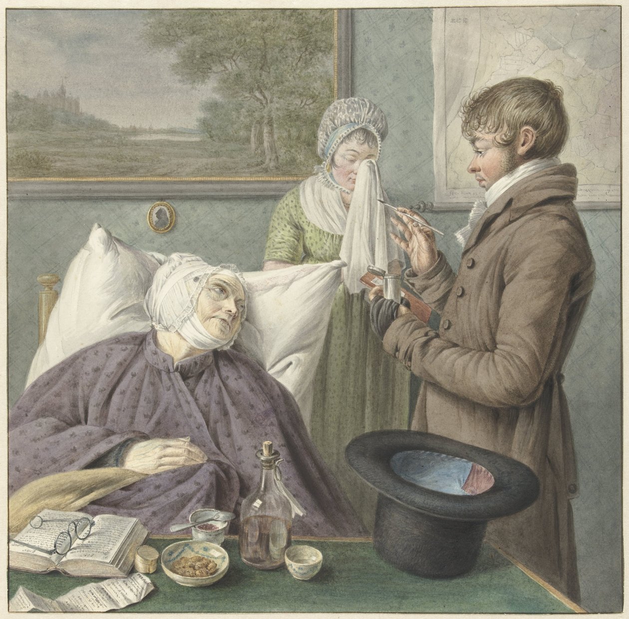 Az orvos meglátogat egy beteg öregasszonyt az ágyban alkotó: Wybrand Hendriks (attributed to)