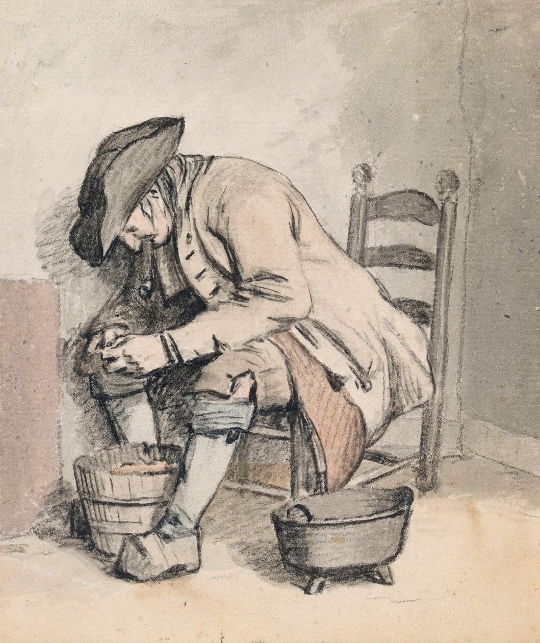 Egy vödör fölé hajoló, ülő férfi; a hátoldalon három nő (árnyékban) alkotó: Wybrand Hendriks