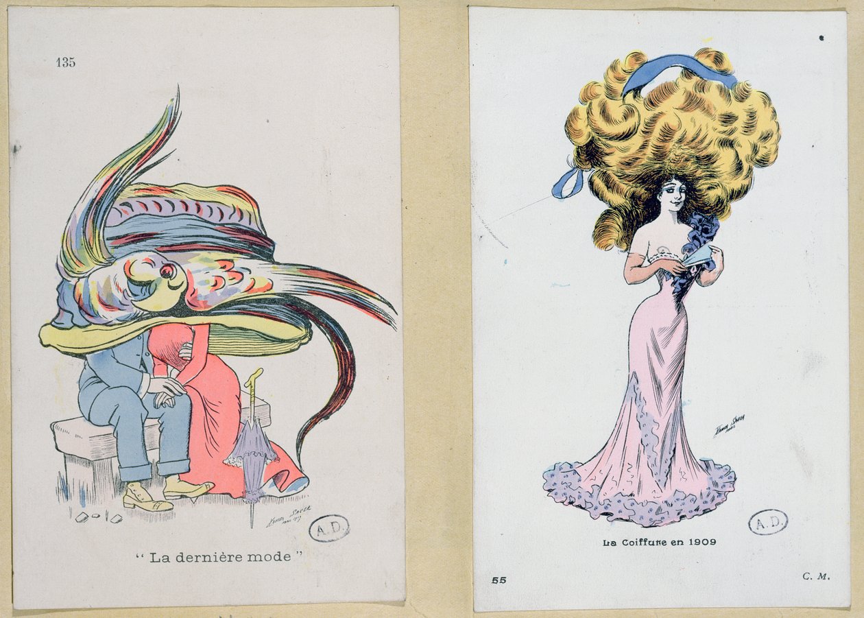 „La Derniere Mode”, haj- és kalapstílusokat karikírozó divatlapok, 1909 alkotó: Xavier Sager