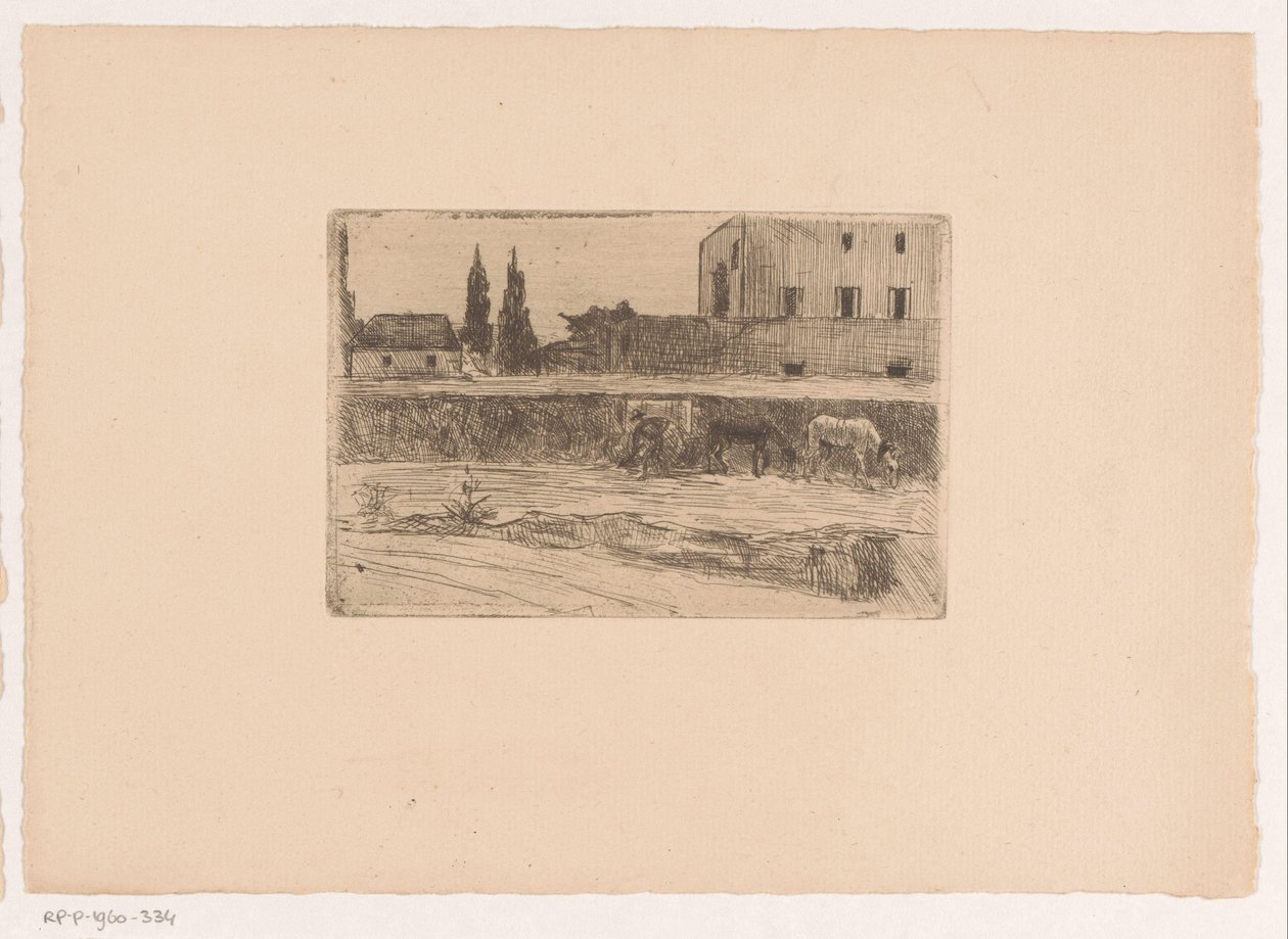 Táj épületekkel és egy dolgozó alakkal alkotó: Xavier Mellery (attributed to)