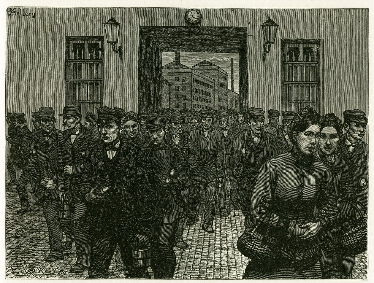 Gyári kijárat Gentben. X. Mellery metszete a természet nyomán, a „Belgium” történet illusztrálására, 1888-ban, Camille Lemonnier (1844-1913) műkritikus és író. Megjelent a Tour du monde-ban, 1883. 2. félév, szerkesztette Edouard Charton (1807-1890) alkotó: Xavier Mellery