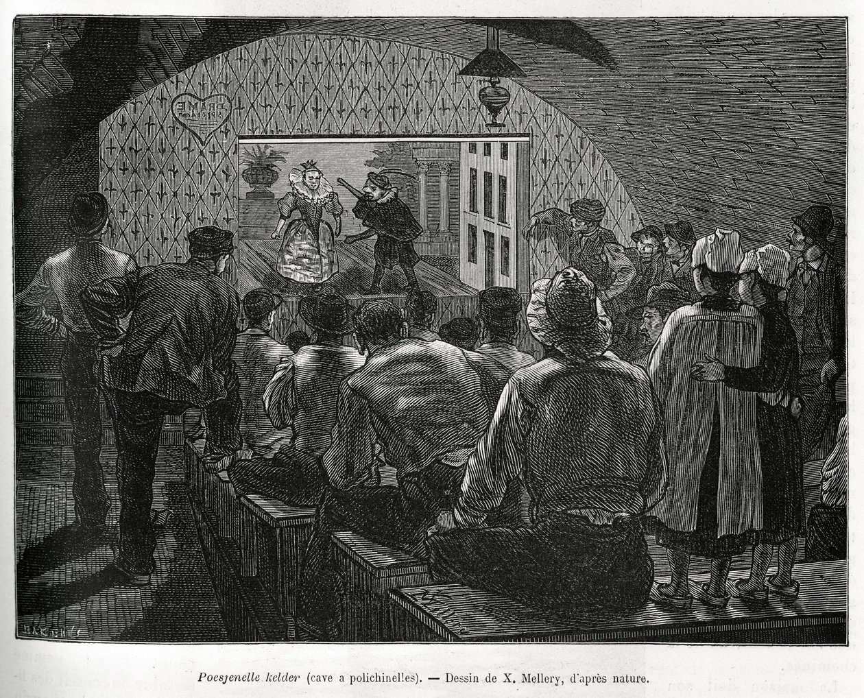 Pince a Polichinelles, bábelőadások számára kialakított pince. X.Mellery metszete Belgium történetének illusztrálására, Camille Lemonnier, megjelent a Tour du monde-ban, szerkesztette Edouard Charton (1807-1890) alkotó: Xavier Mellery