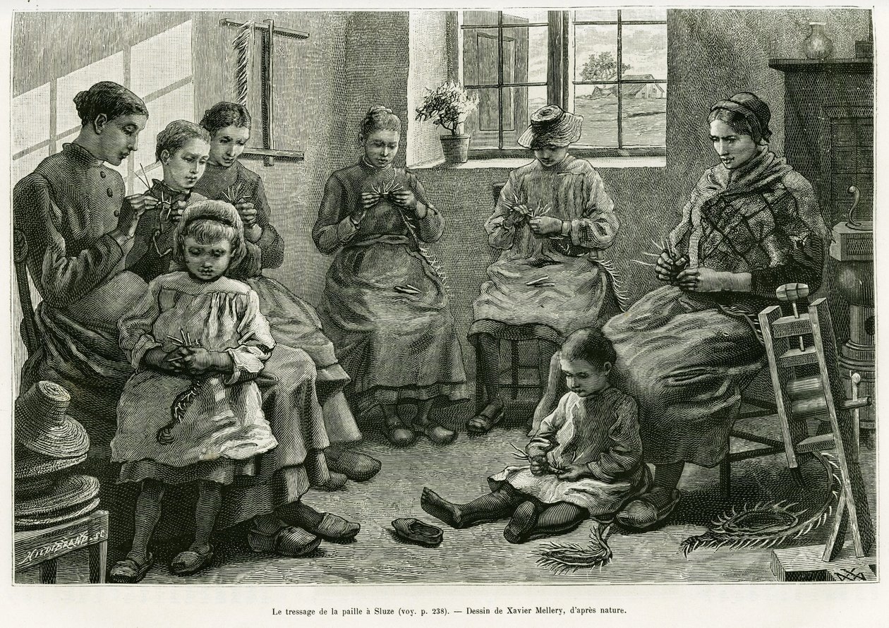 A szalmafonásnak Sluze van. Xavier Mellery metszete a La Belgique történet illusztrálására, Camille Lemonnier, in le tour du monde 1886, rendező: Edouard Charton (1807-1890), Hachette, Párizs. alkotó: Xavier Mellery