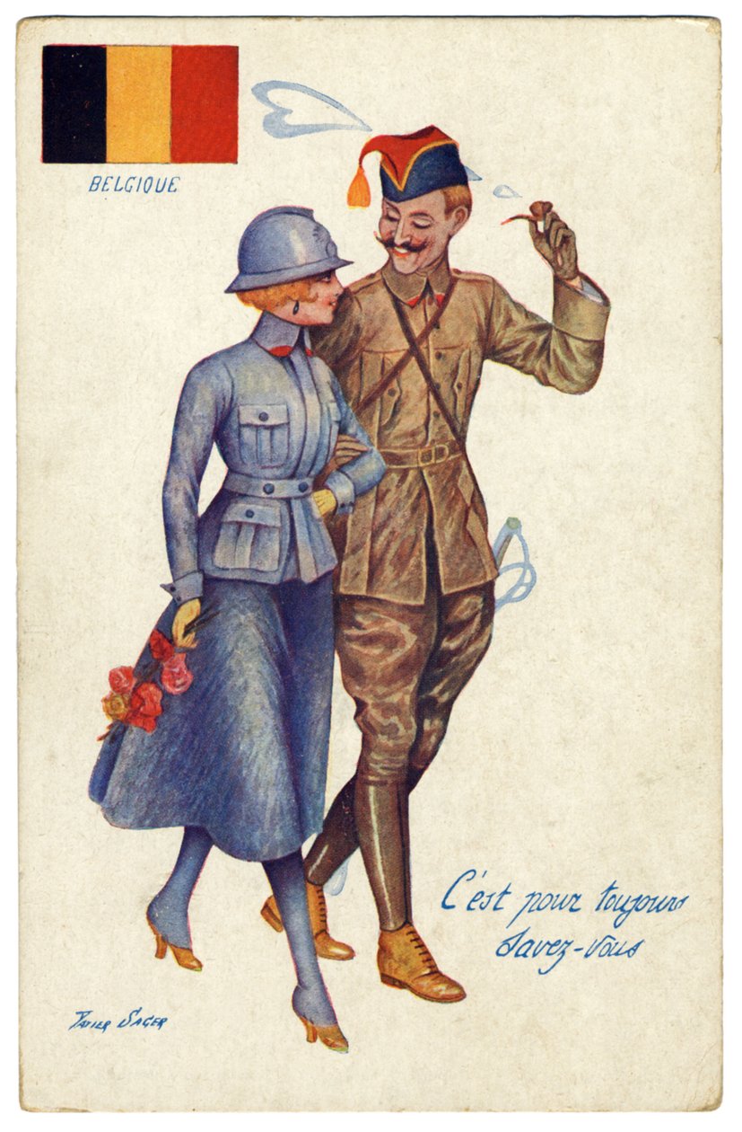 Első világháborús belga képeslap A szövetségesek közötti harmónia, 1917 körül alkotó: Xavier Sager