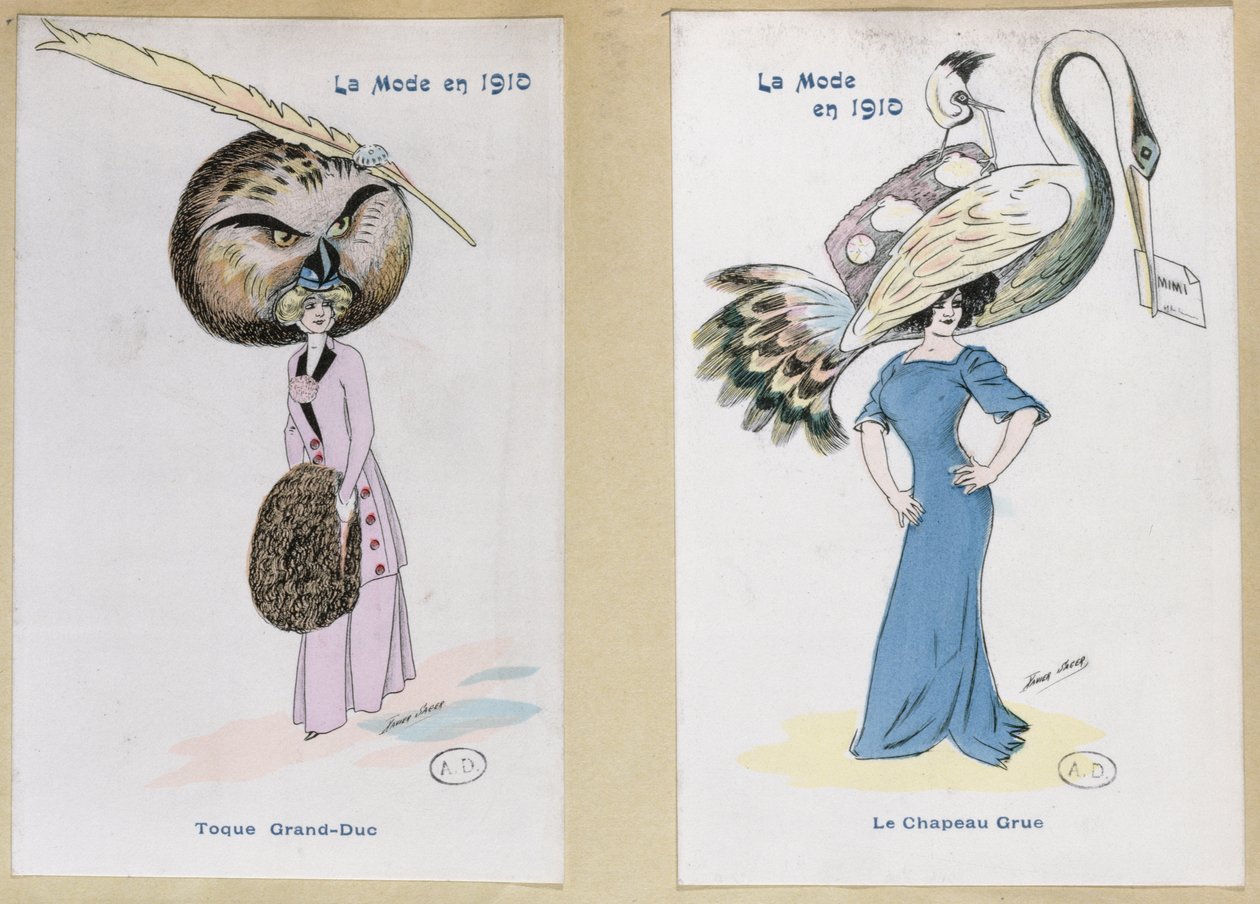 „The Eagle Owl Fur Hat” és „The Crane Hat”, rajzfilmes divatlapok, 1910 alkotó: Xavier Sager