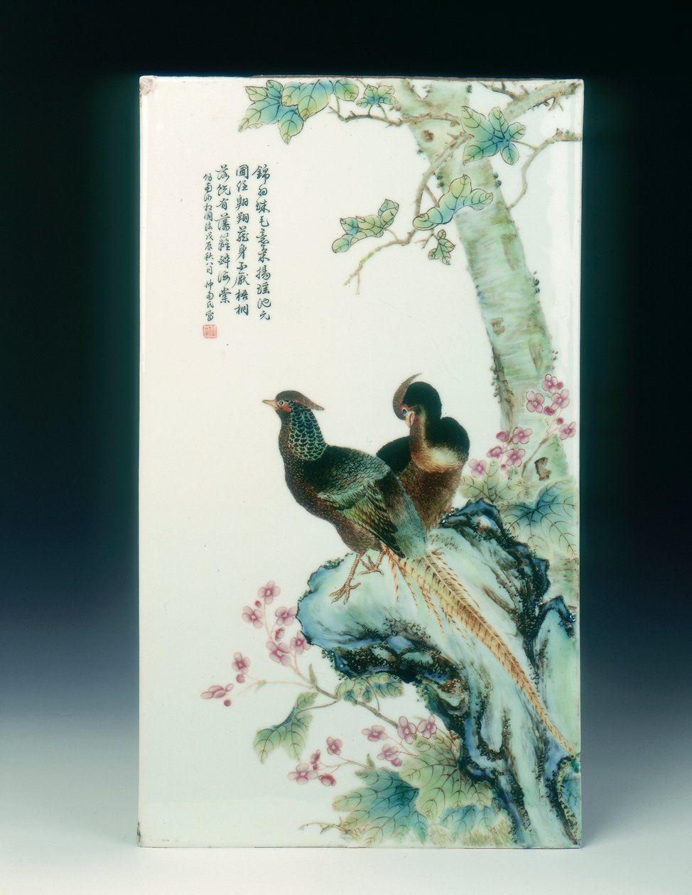 Famille rózsa porcelán plakett fácánokkal, Kína alkotó: Xu Zhongnan