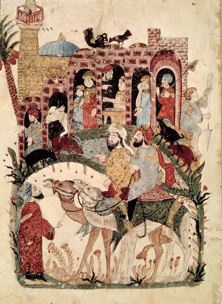 Ms Ar 5847 f.138, Abu Zayd és Al-Harith falusiakat kérdez ki, Al-Hariri „Al Maqamat” (The Meetings) című művéből, 1240 körül alkotó: Yahya ibn Mahmud Al Wasiti