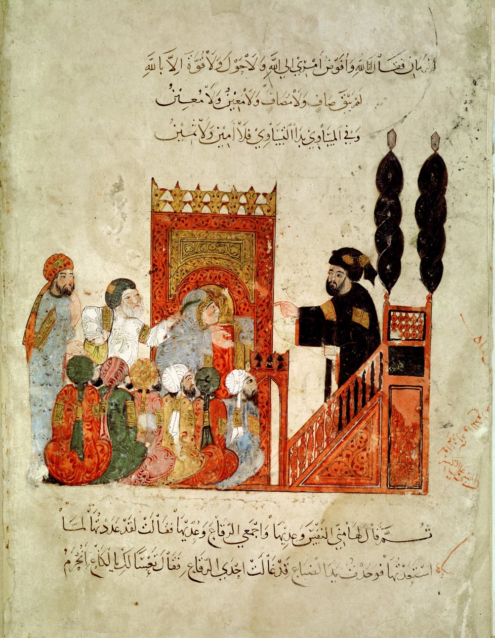 Ms Ar 5847 f.18v, Abou Zayd prédikál a mecsetben, Al-Hariri „Al Maqamat” (The Meetings) című művéből, 1240 körül (guache pergamen) alkotó: Yahya ibn Mahmud Al Wasiti