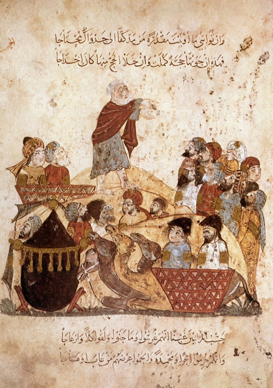 Ms Ar 5847 f.29, Abou Zayd zarándokkaravánért prédikál, Al Hariri Maqamatból, 1240 körül (guache pergamen) alkotó: Yahya ibn Mahmud Al Wasiti