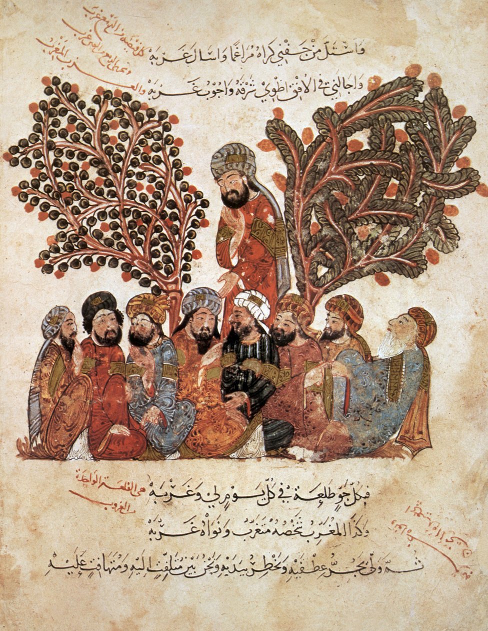 Ms Ar 5847 f.51, Al-Harith elvál társaitól, Al Maqamatból, Al Hariri, 1240 körül (guache pergamen) alkotó: Yahya ibn Mahmud Al Wasiti