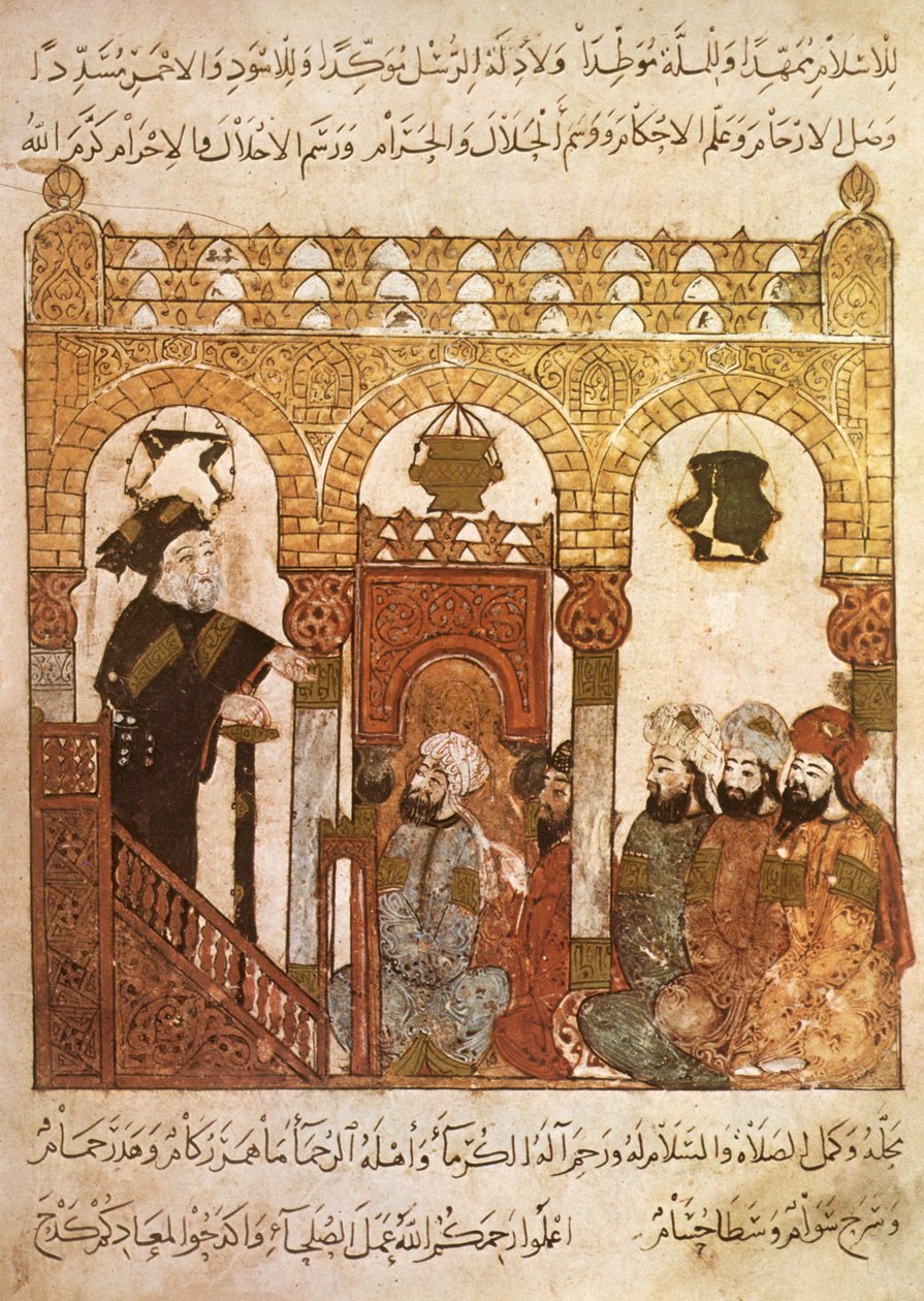 Ms Ar 5847 f.84, Abou Zayd prédikál a szamarkhandi mecsetben, Al Hariri Maqamatból, 1240 körül (guache pergamen) alkotó: Yahya ibn Mahmud Al Wasiti