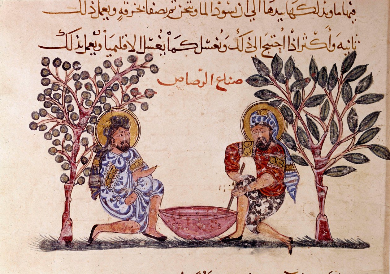 A „Maqamat” (Szeánszok) ólomoldal készítése, Abu Mohammed al-Kasim ibn Ali Hariri (vagy Al-Hariri vagy Al Hariri) (1054-1122) arab költő 11. századi pikareszk költeménye, illusztrálta: Al-Wasiti (al-Wasiti) alkotó: Yahya ibn Mahmud Al Wasiti