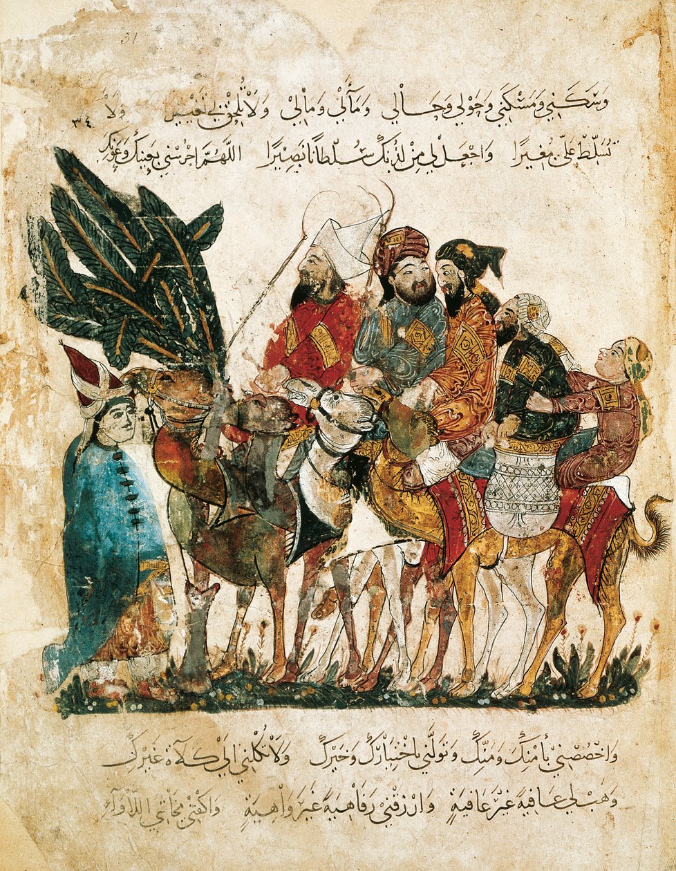 Arab kereskedők karavánja, Al-Hariri miniatűrje a Maqamatból (A Találkozók), 1240 körül (guache pergamen) alkotó: Yahya ibn Mahmud Al Wasiti