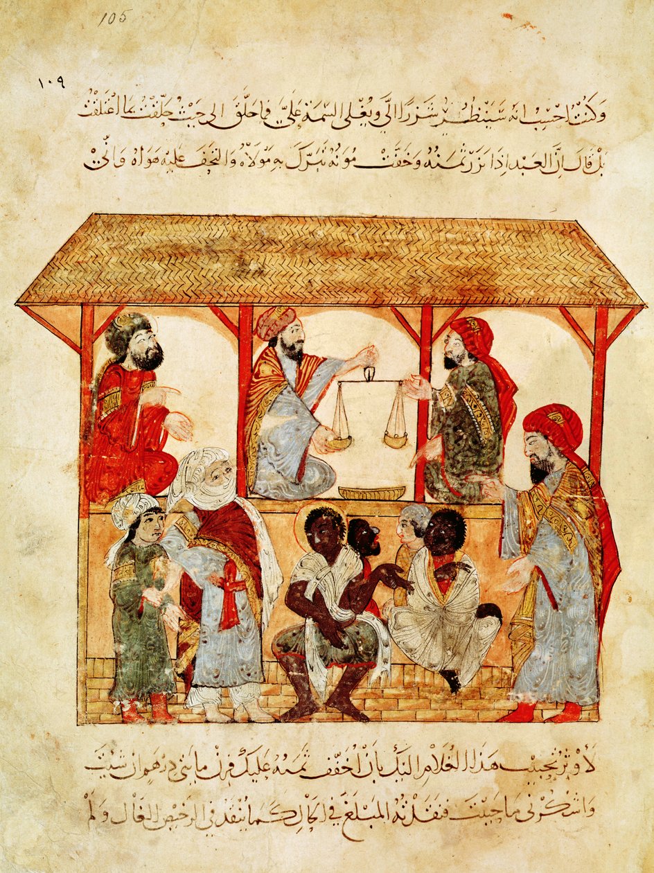 Ms. Ar 5847 f.105, A rabszolgapiac, az "Al Maqamat"-tól alkotó: Yahya ibn Mahmud Al Wasiti