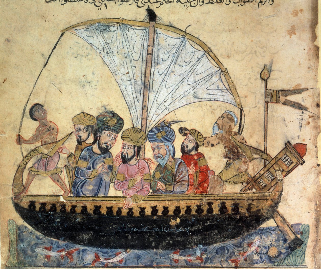 a burzsoá al-Harith (Al Harith), Hammam fia és Abu-Zayd (Abu Zayd) vándor navigátor az Eufrátesz miniatúráján vitorlázó csónakon Abu Mohammed al-Kasim ibn Ali Hariri „Maqamat” (Szeánszai) (vagy Al-Hariri vagy Al Hariri) (1054-1122) által alkotó: Yahya ibn Mahmud Al Wasiti