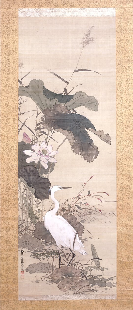 Lótusz és havas gém (tinta, színes, selyem) alkotó: Yamamoto Baiitsu