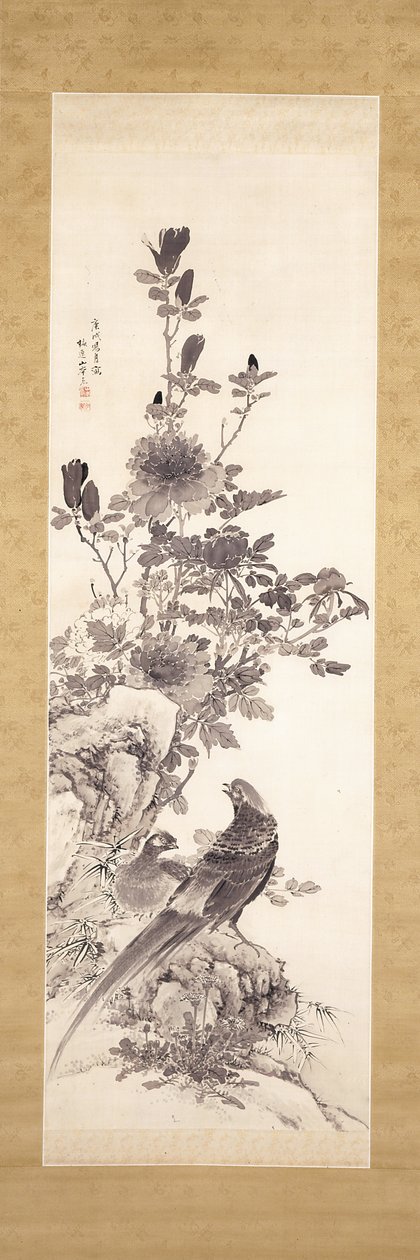 Pünkösdi rózsa és aranyfácán (tinta selyemen) alkotó: Yamamoto Baiitsu