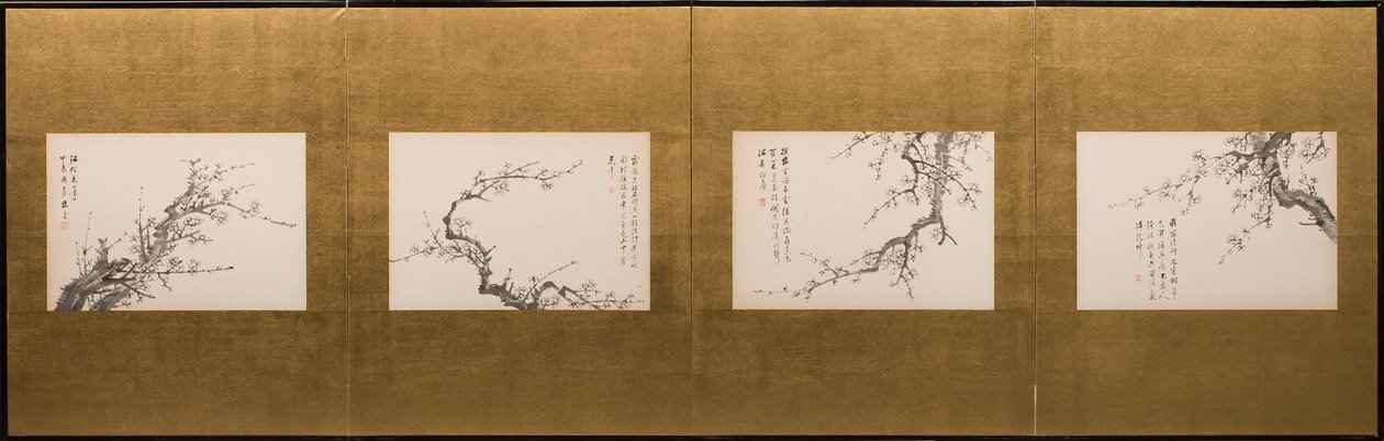 Prunus Blossoms, hajtogatott paraván, Edo-korszak 1844 (tinta, papír) (lásd még 752778-82) alkotó: Yamamoto Baiitsu