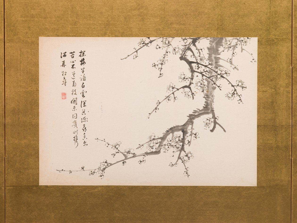 Prunus Blossoms, hajtogatott paraván, 2. panel a 4-ből, Edo-korszak 1844 (tus, papír) (lásd még 752778-82) alkotó: Yamamoto Baiitsu