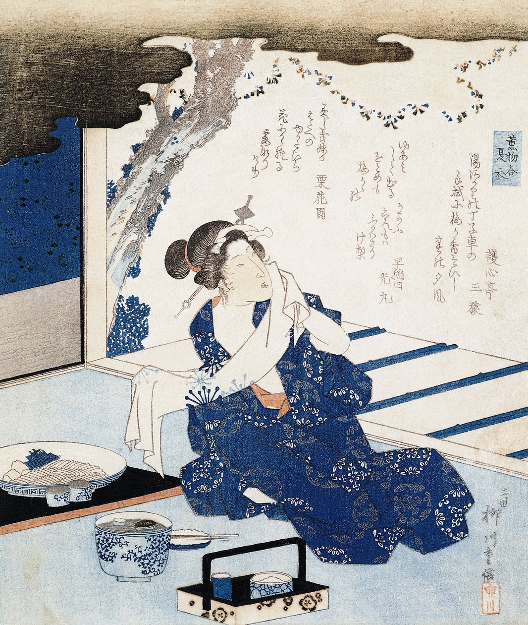 yukatát (kék-fehér pamut kimonót) viselő udvarhölgy, fali panelt vers díszít alkotó: Yanagawa II Shigenobu