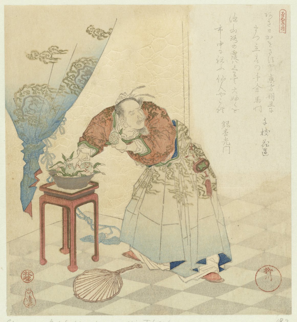 Tôbôsaku halhatatlan őszibarackot lop Öt kép a hosszú életről (sorozat címe) Kotobuki goban no uchi (sorozat címe az objektumon) alkotó: Yanagawa Shigenobu (I)