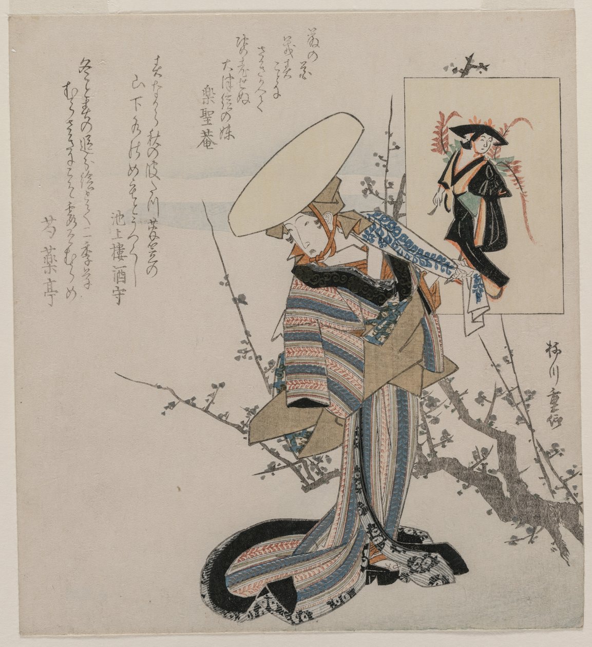Nő a szilvafa mellett a Wisteria Maidennel párosítva (a nők sorozatából az Otsu-festmények figuráihoz hasonlítva) alkotó: Yanagawa Shigenobu