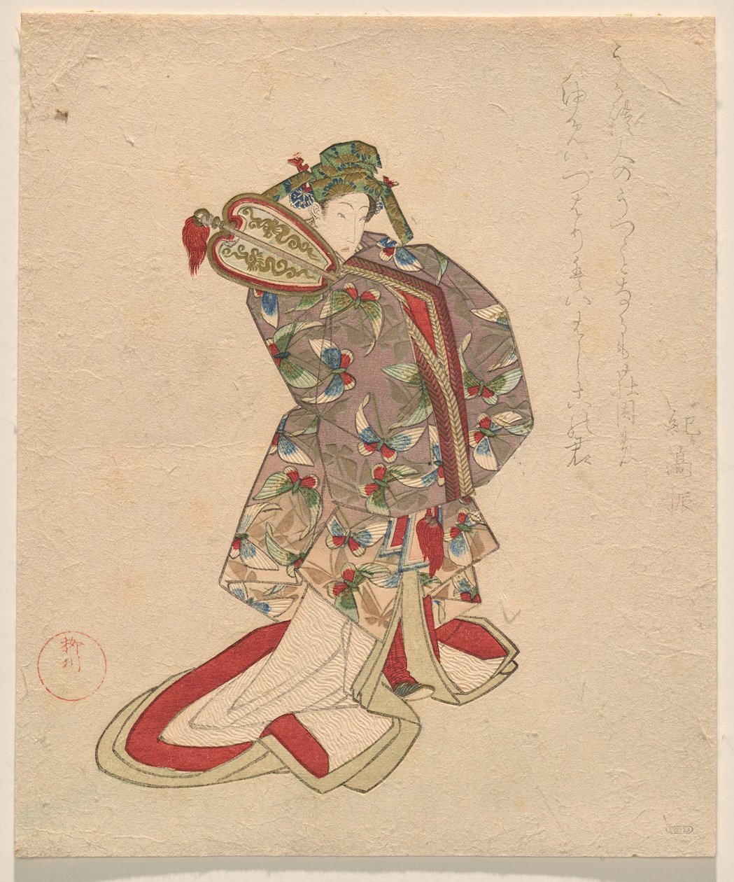 Nő kínai jelmezben, pillangó mintával alkotó: Yanagawa Shigenobu II