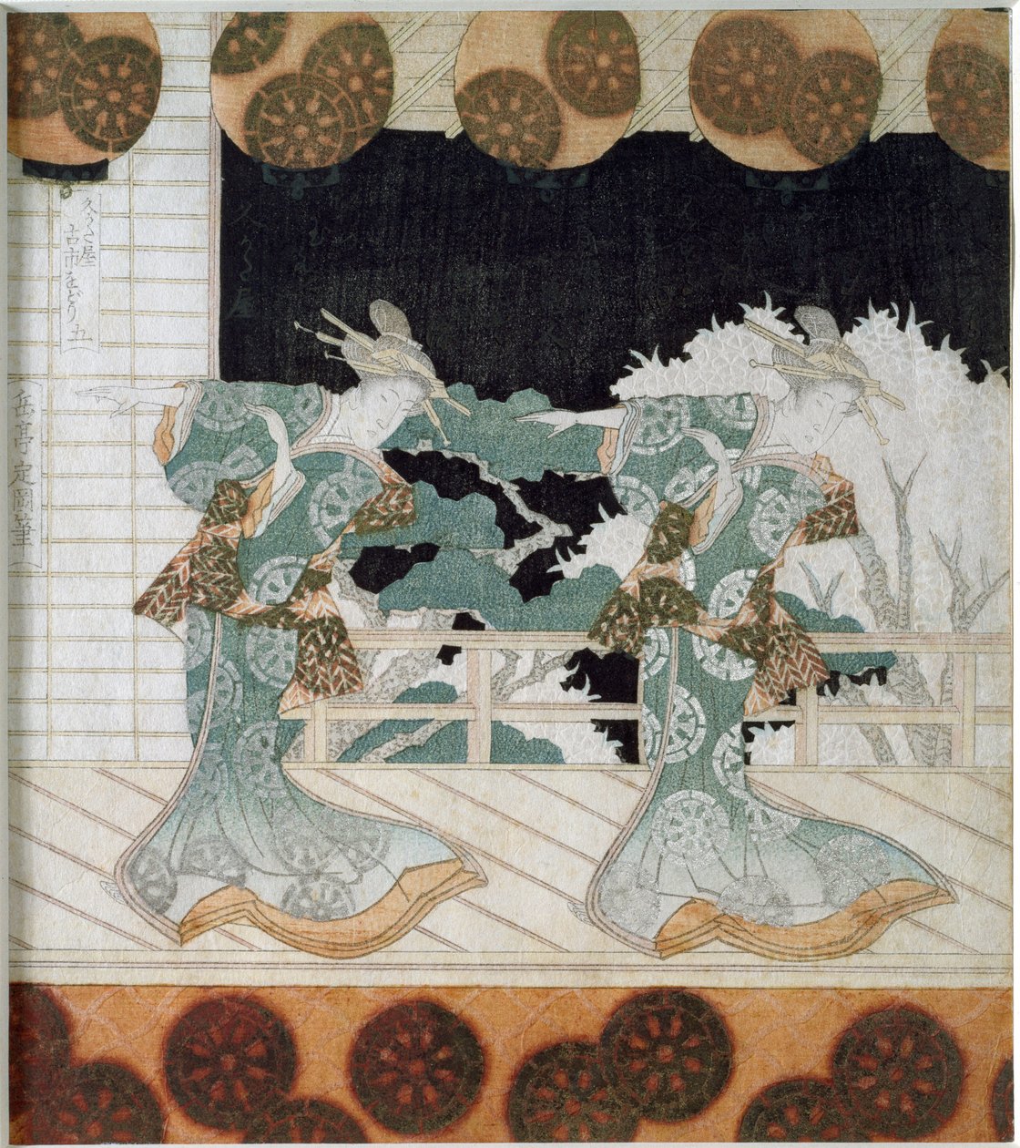 Táncosok népviseletben egy jeleneten Yashima Gakutei (1786-1868) „Surimono” japán nyomtatványa, 1822 Magángyűjtemény alkotó: Yashima Gakutei