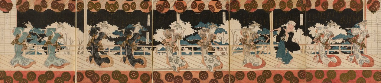 Táncoló kurtizán és egy férfi (valószínűleg Hisakataya költő), kettő, a "Furuichi táncelőadás (Furuichi odori)" pentaptichon sorozatból, a Hisakataya költői klub számára. alkotó: Yashima Gakutei