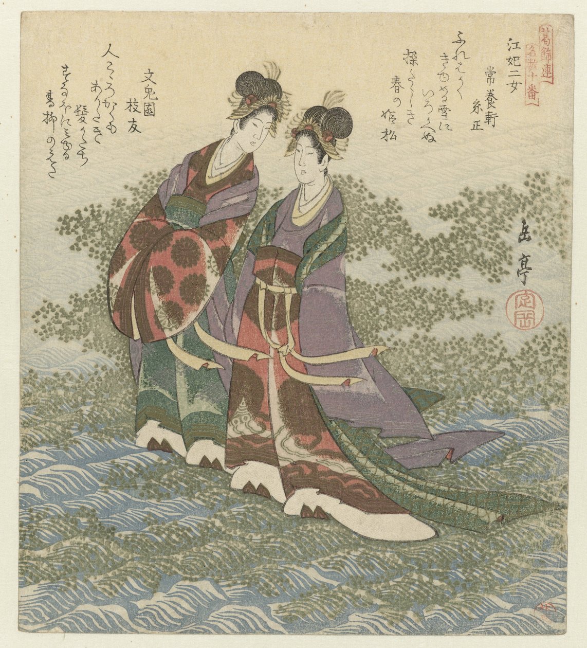 A két folyami hercegnő Kôhi nijo (cím a tárgyon) Híres dalok tíz lenyomatából álló sorozat a Katsushika Poetry Society számára (sorozat címe) Katsushikaren meisû jûban (sorozat címe az objektumon) alkotó: Yashima Gakutei