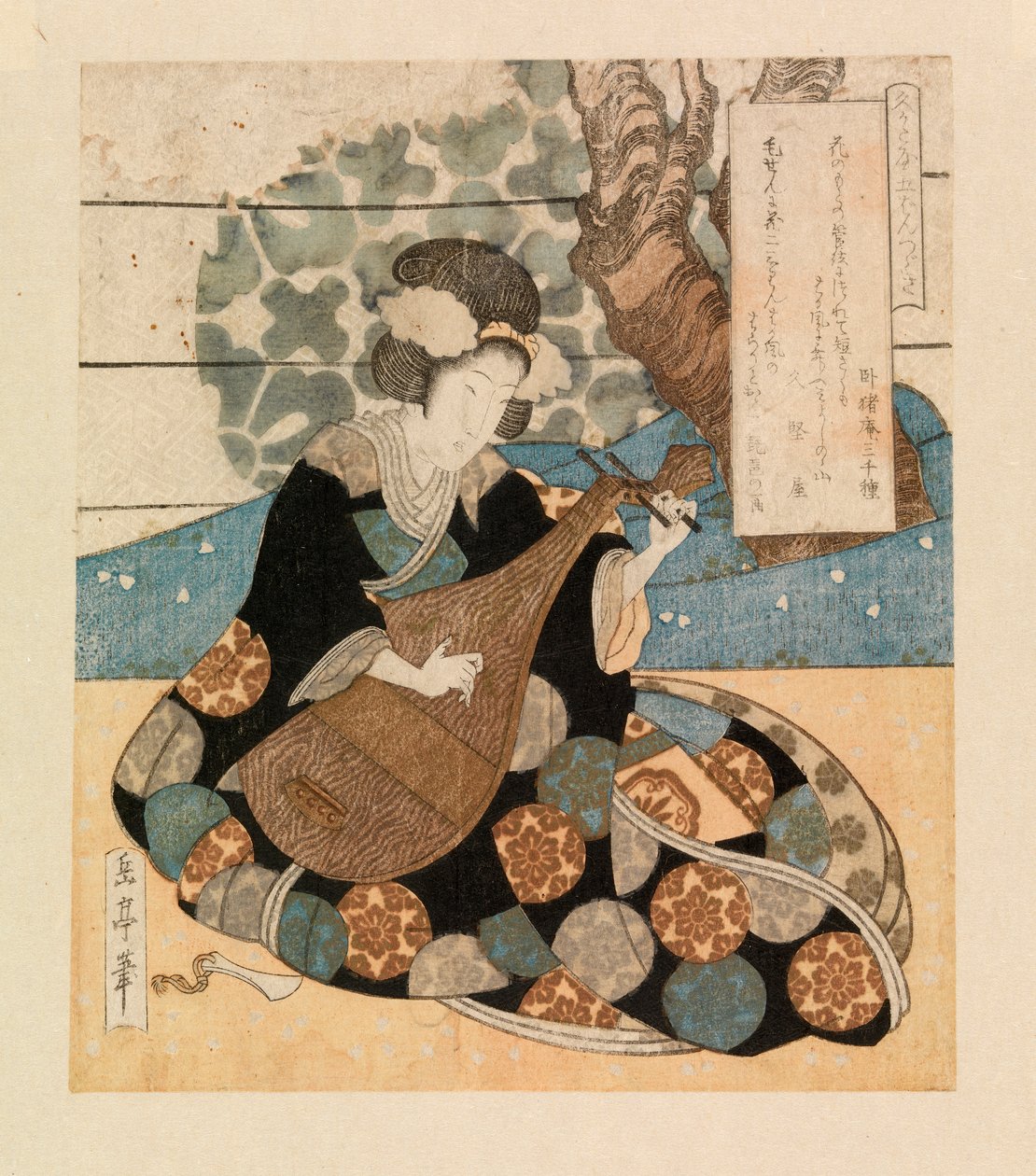 Hangszeren játszó hölgy, 1804-40 körül (színes fametszet) alkotó: Yashima Gakutei