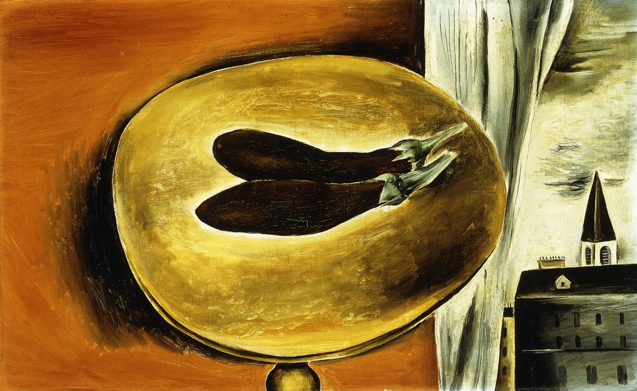 Csendélet padlizsánnal és városképpel alkotó: Yasuo Kuniyoshi