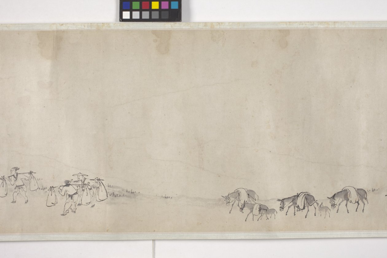 Száz szamár gabonát szállít, kézi tekercs, 1700 körül (tinta papíron) alkotó: Ye Yin