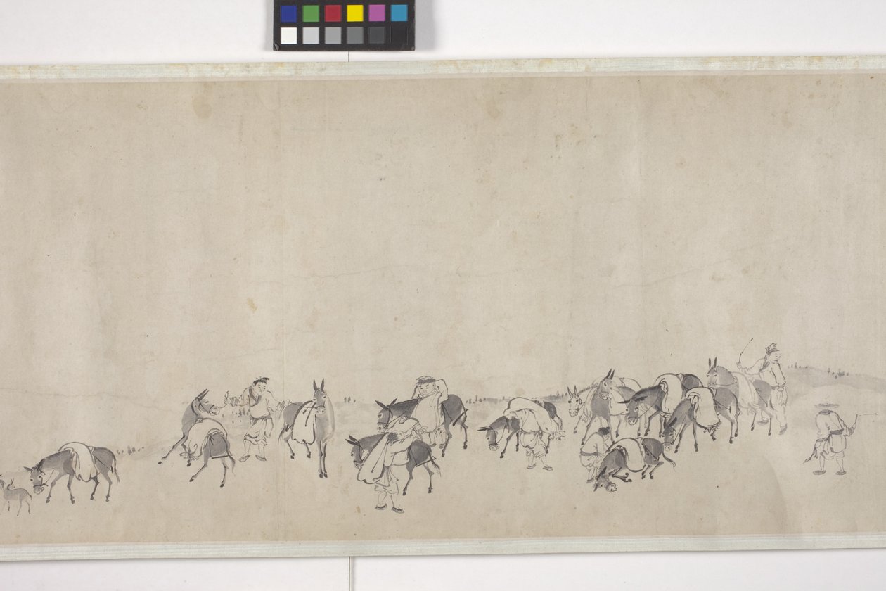 Száz szamár gabonát szállít, kézi tekercs, 1700 körül (tinta papíron) alkotó: Ye Yin