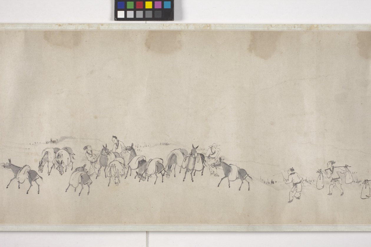 Száz szamár gabonát szállít, kézi tekercs, 1700 körül (tinta papíron) alkotó: Ye Yin