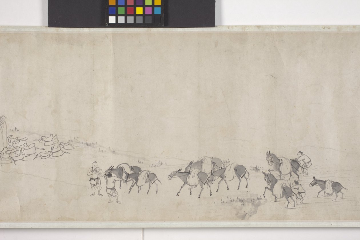 Száz szamár gabonát szállít, kézi tekercs, 1700 körül (tinta papíron) alkotó: Ye Yin