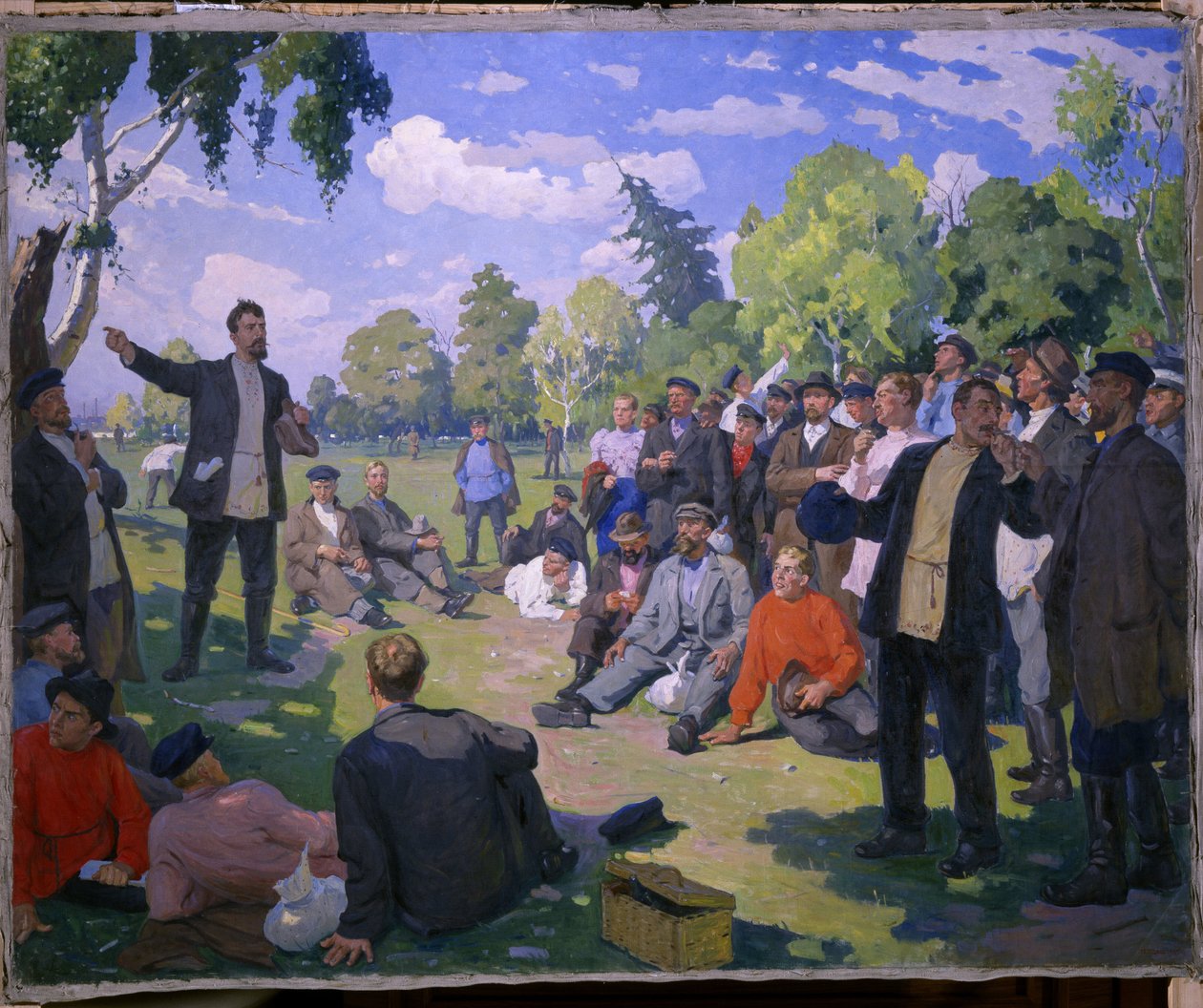 A munka ünnepe 1891-ben (1891-ben május elseje). Pihenőnap és a munkások összejövetele egy napsütötte parkban. Jefim Mihajlovics Csepcov (1875-1950) festménye, olaj, vászon 1935. 20. századi szovjet művészet. Állami Orosz Múzeum, Szent alkotó: Yefim Mikhailovich Tcheptsov