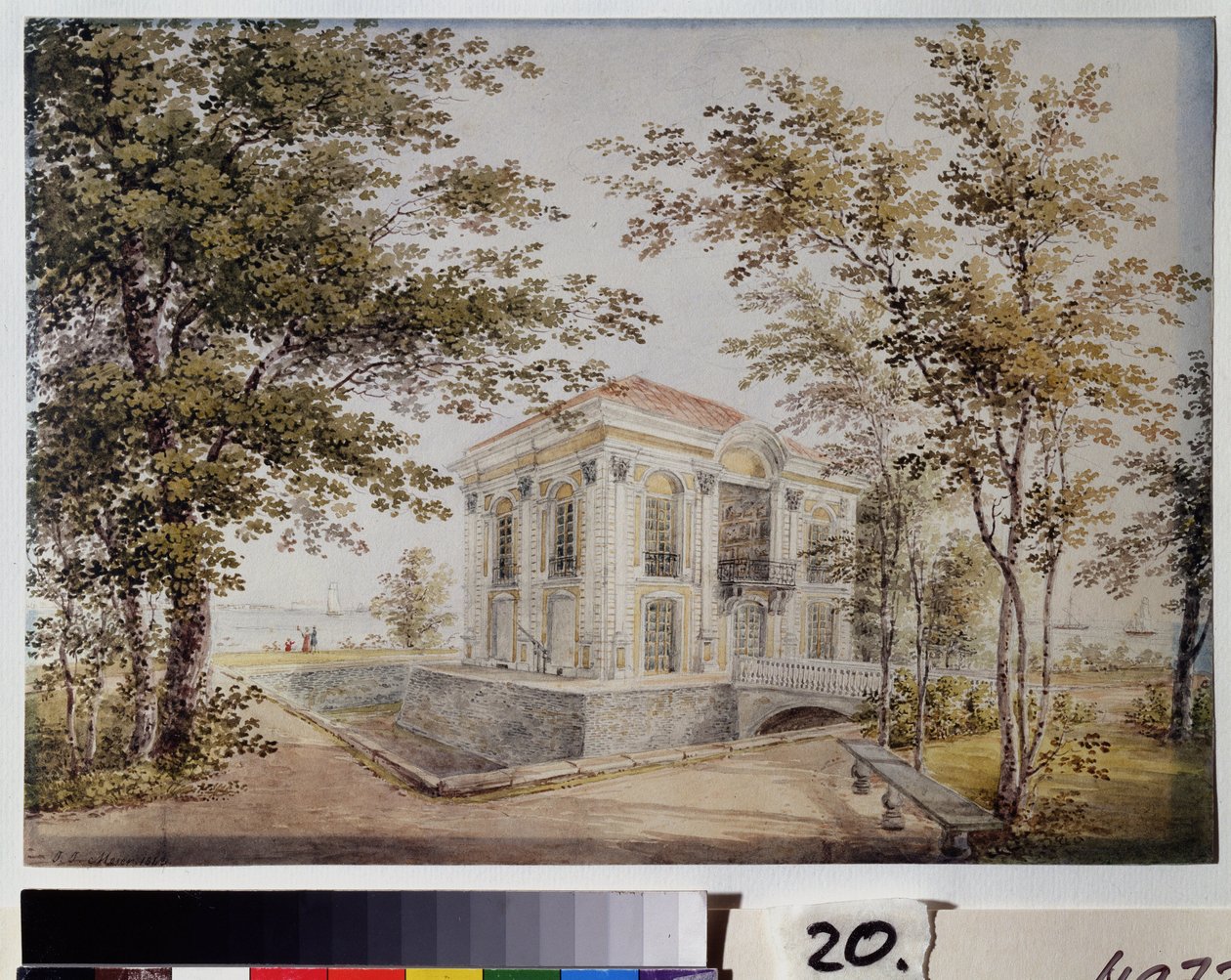 Az Ermitázs pavilon Peterhofban. Ezt a pavilont, amelyet új Monplaisirnak is neveznek, 1725-ben építtette J. F. Braunstein építész. Jegor Jegorovics Meier (1822-1867) munkája, akvarell, papír, 1850 körül. Ar alkotó: Yegor Yegorovich Meier