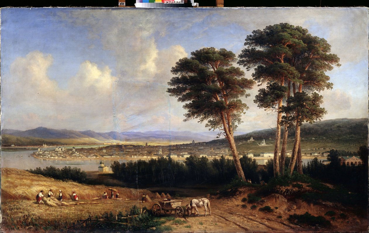 Kilátás Irkutszkra (Szibéria, Oroszország). (Irkutszk látképe). Jegor Jegorovics Meier (1822-1867) festménye, olaj, vászon alkotó: Yegor Yegorovich Meier