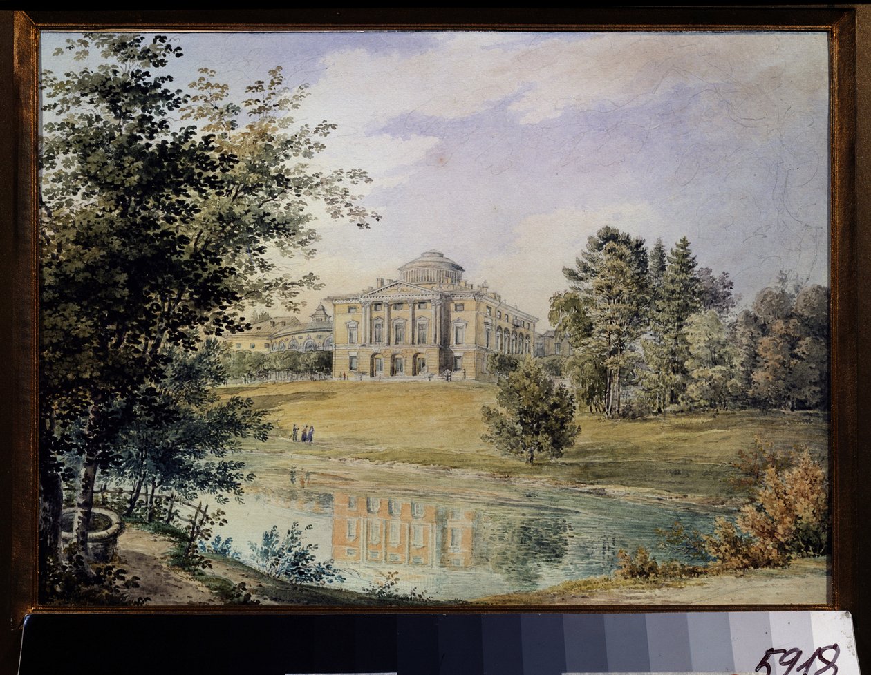 Kilátás a Pavlovszk-palotára (Szentpétervár). (Kilátás a Pavlovszk-palotára). 1782 és 1786 között építtette Charles Cameron építész. Jegor Jegorovics Meier (1822-1867) munkája, akvarell papíron alkotó: Yegor Yegorovich Meier