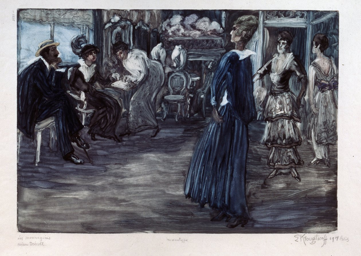 Divatműhely (Fashion workshop). Bemutatóterem couture modelleknek, nők parádéznak egy pár előtt egy privát szobában. Jelisaveta (Erzsébet) Szergejevna Kruglikova (Elizaveta Sergeevna Krouglikova) (1865-1941) alkotása, monotípia alkotó: Yelisaveta Sergeyevna Kruglikova