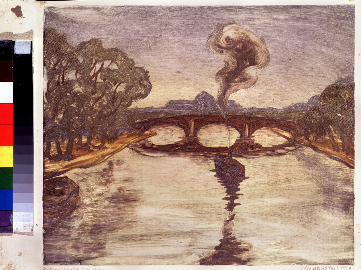 Egy hajó a Szajnán. (Egy csónak a Szajnán). Peinture de Jelisaveta (Erzsébet) Szergejevna Kruglikova (Elizaveta Sergeevna Krouglikova) (1865-1941), estampe (monotípia) alkotó: Yelisaveta Sergeyevna Kruglikova