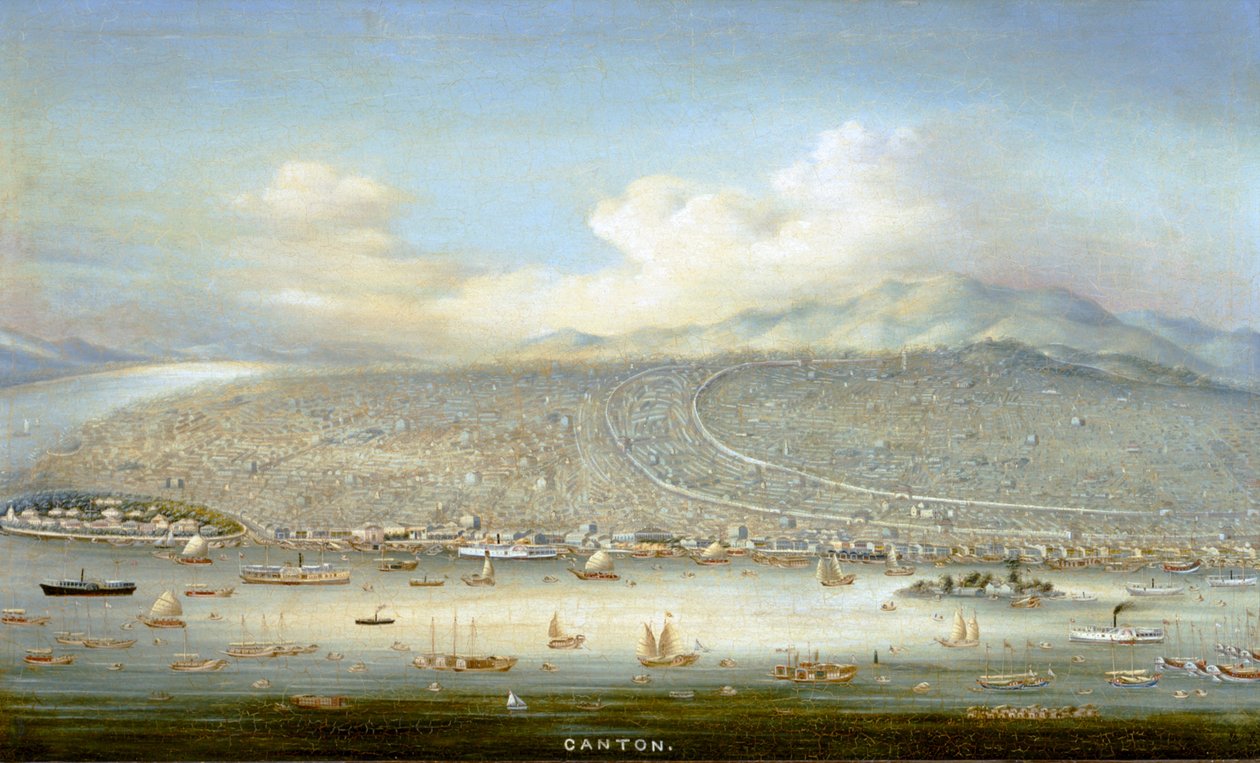 Kanton látképe a Shamian-szigettel 1865-ben, 1880 körül (olaj, tábla) alkotó: Yichang Yichang