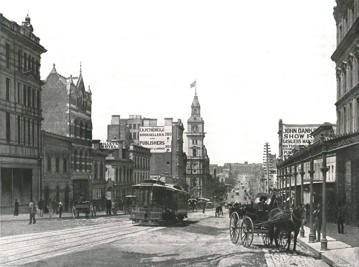 A Bourke Street keletre néz, Melbourne, Ausztrália, 1895. alkotó: York and Son