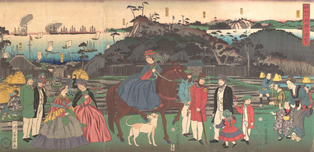 Külföldiek látogatása a Gongen-hegy híres lelőhelyén Kanagawában, 1861. második hónapja. alkotó: Yoshikazu