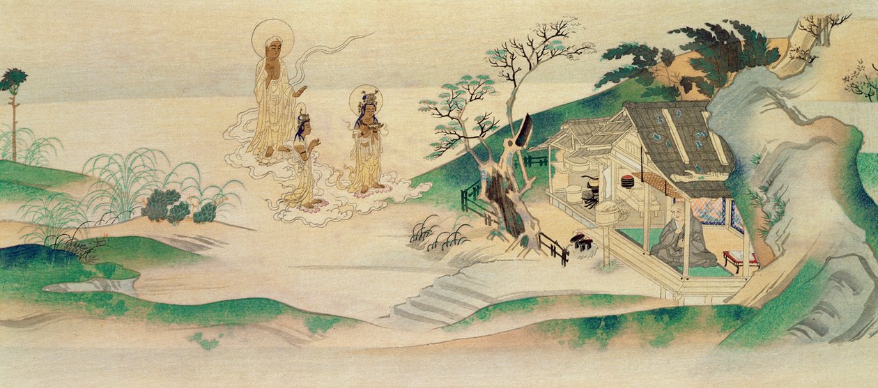Amitayus Buddha és két bódhiszattva Honen szerzetesnél (szül. 1132), az illusztráció a Tokka folyóiratban jelent meg 1902 márciusában alkotó: Yoshimitsu Tosa