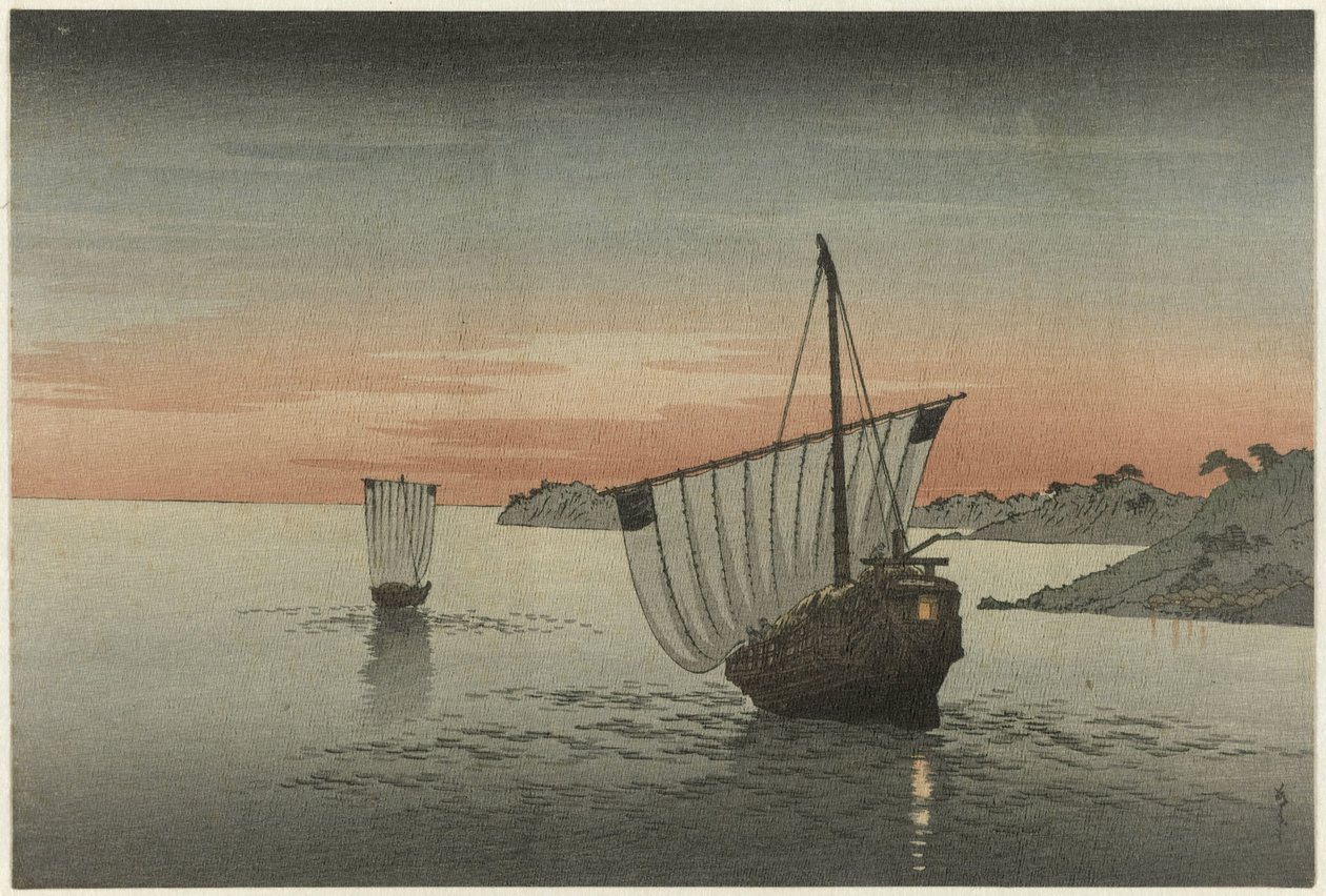 Két vitorlás hajó a part mentén alkotó: Yoshimune (II) , Utagawa