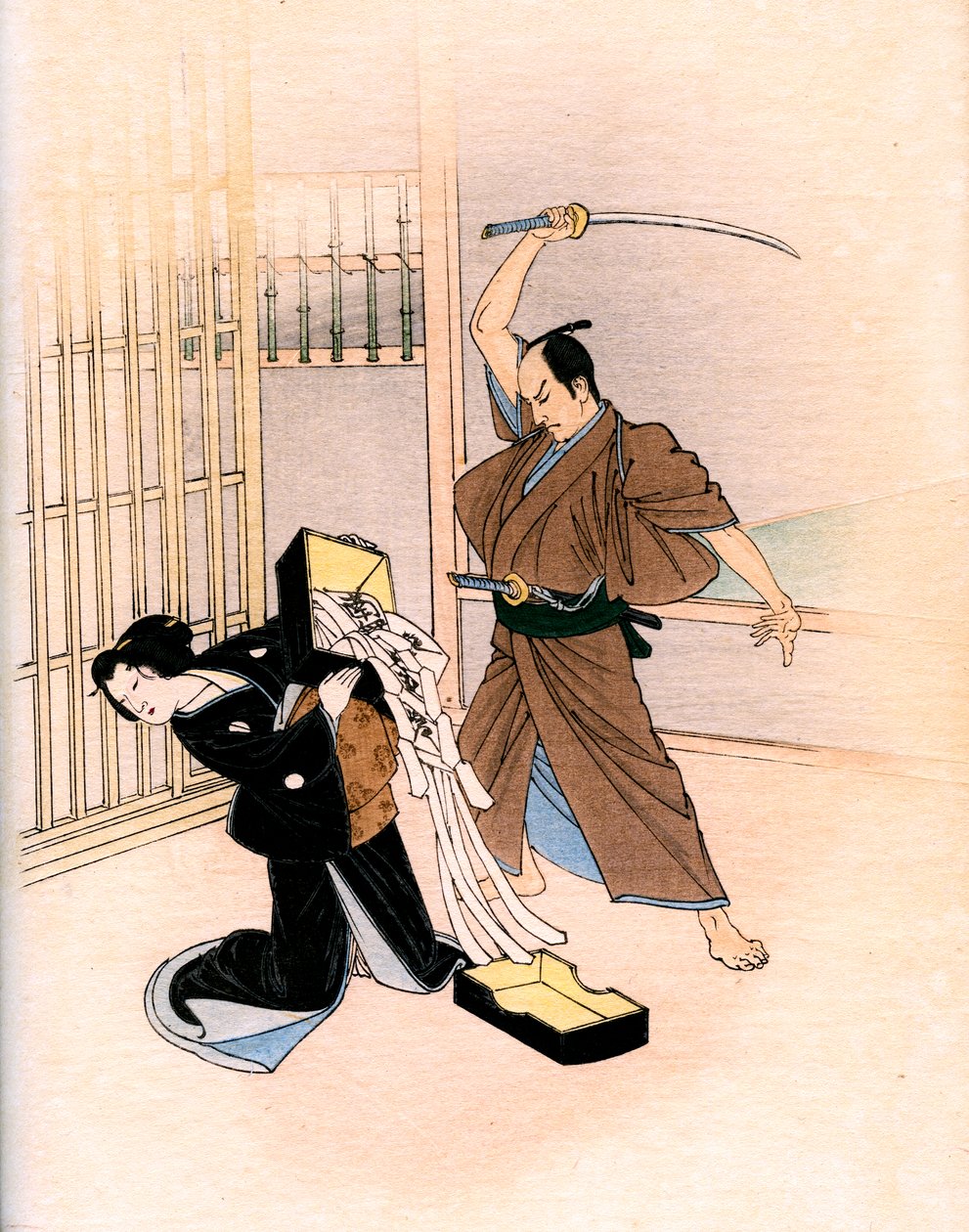 Hagyományos japán színház: egy színész karddal fenyeget egy színésznőt alkotó: Yoshimune Arai
